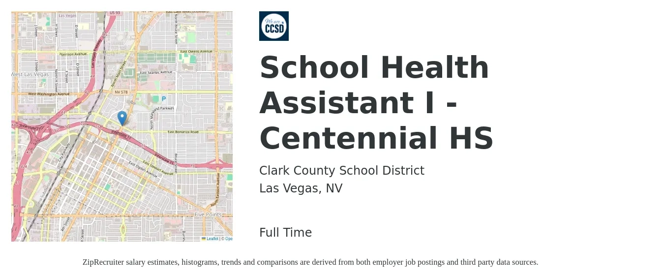 Clark County School District job posting for a School Health Assistant I - Centennial HS in Las Vegas, NV with a map of Las Vegas location.