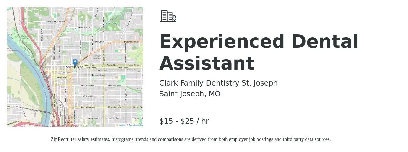 Clark Family Dentistry St. Joseph job posting for a Experienced Dental Assistant in Saint Joseph, MO with a salary of $16 to $27 Hourly with a map of Saint Joseph location.