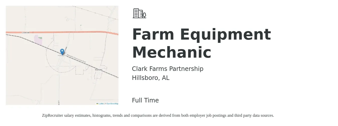 Clark Farms Partnership job posting for a Farm Equipment Mechanic in Hillsboro, AL with a salary of $20 to $36 Hourly with a map of Hillsboro location.