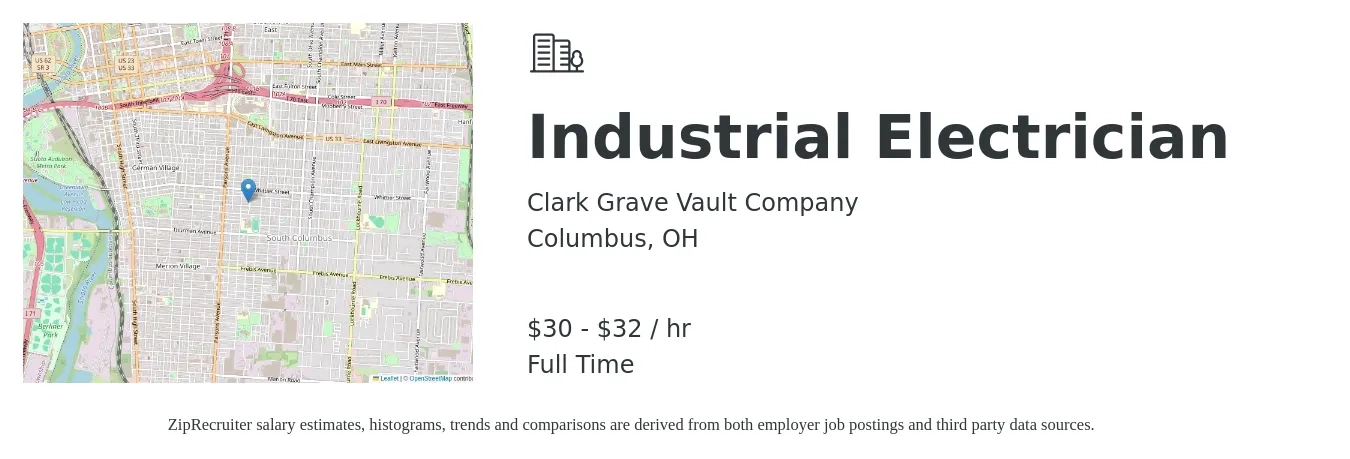 Clark Grave Vault Company job posting for a Industrial Electrician in Columbus, OH with a salary of $30 to $32 Hourly and benefits including retirement, vision, dental, life_insurance, and medical with a map of Columbus location.