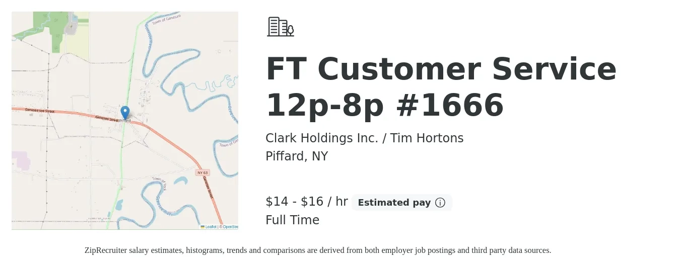 Clark Holdings Inc. / Tim Hortons job posting for a FT Customer Service 12p-8p #1666 in Piffard, NY with a salary of $15 to $17 Hourly with a map of Piffard location.