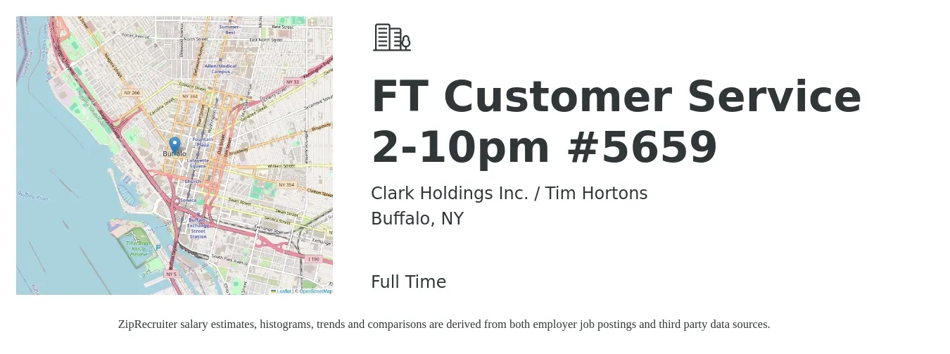 Clark Holdings Inc. / Tim Hortons job posting for a FT Customer Service 2-10pm #5659 in Buffalo, NY with a salary of $15 to $17 Hourly with a map of Buffalo location.