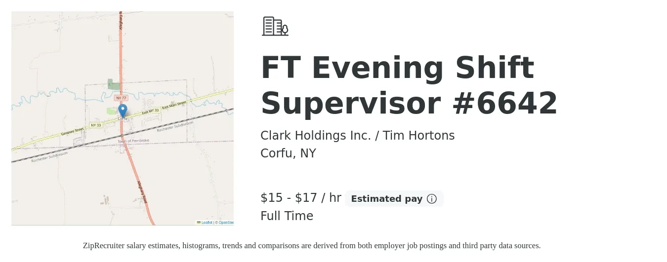 Clark Holdings Inc. / Tim Hortons job posting for a FT Evening Shift Supervisor #6642 in Corfu, NY with a salary of $16 to $18 Hourly with a map of Corfu location.