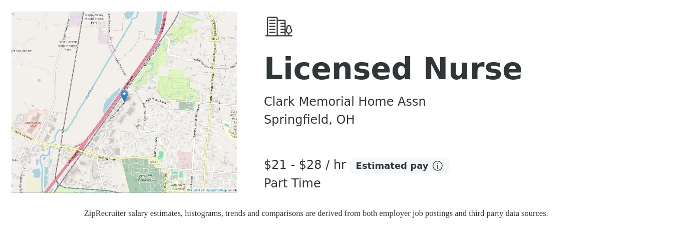 Clark Memorial Home Assn job posting for a Licensed Nurse in Springfield, OH with a salary of $22 to $30 Hourly with a map of Springfield location.