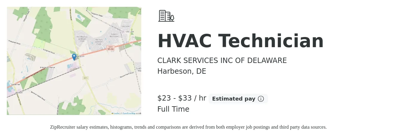 CLARK SERVICES INC OF DELAWARE job posting for a HVAC Technician in Harbeson, DE with a salary of $24 to $35 Hourly with a map of Harbeson location.