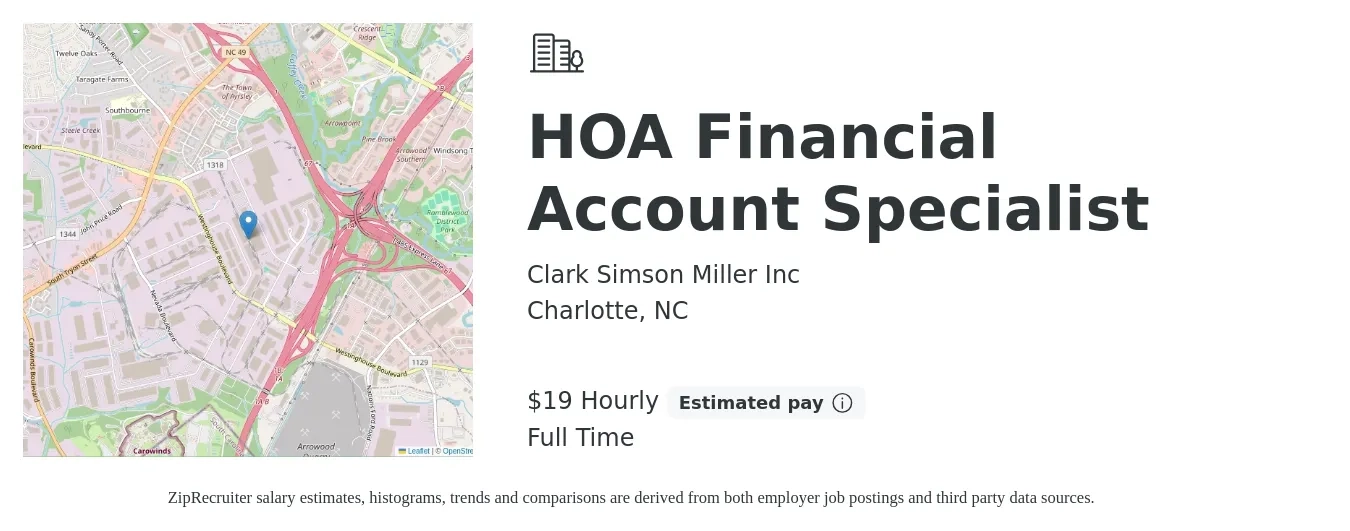 Clark Simson Miller Inc job posting for a HOA Financial Account Specialist in Charlotte, NC with a salary of $20 Hourly with a map of Charlotte location.
