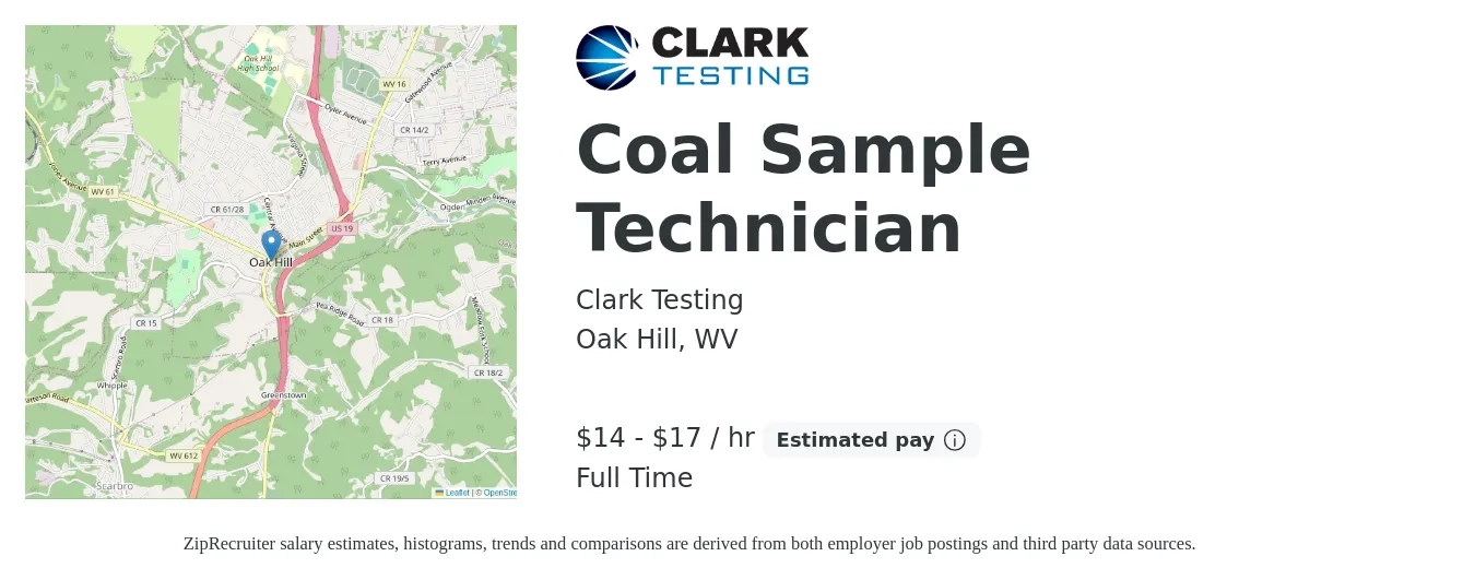 Clark Testing job posting for a Coal Sample Technician in Oak Hill, WV with a salary of $15 to $18 Hourly with a map of Oak Hill location.