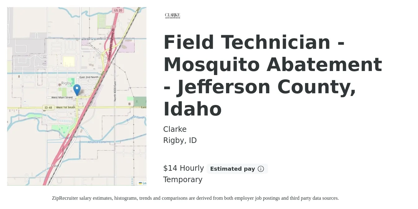 Clarke job posting for a Field Technician - Mosquito Abatement - Jefferson County, Idaho in Rigby, ID with a salary of $15 Hourly with a map of Rigby location.