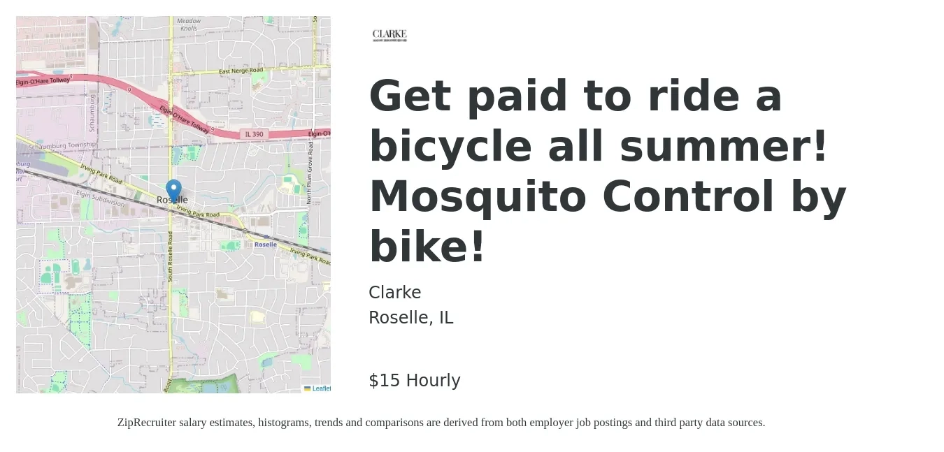 Clarke job posting for a Get paid to ride a bicycle all summer - Mosquito Control by bike in Roselle, IL with a salary of $16 Hourly with a map of Roselle location.