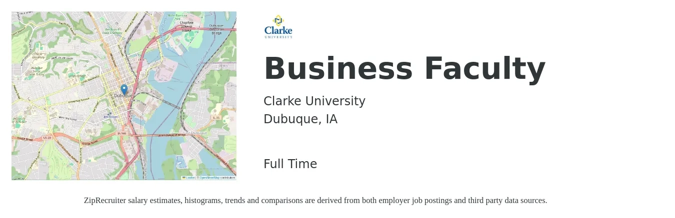 Clarke University job posting for a Business Faculty in Dubuque, IA with a salary of $45,300 to $118,800 Yearly with a map of Dubuque location.