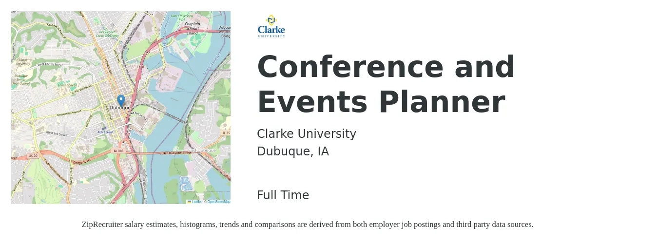 Clarke University job posting for a Conference and Events Planner in Dubuque, IA with a salary of $24 to $35 Hourly with a map of Dubuque location.