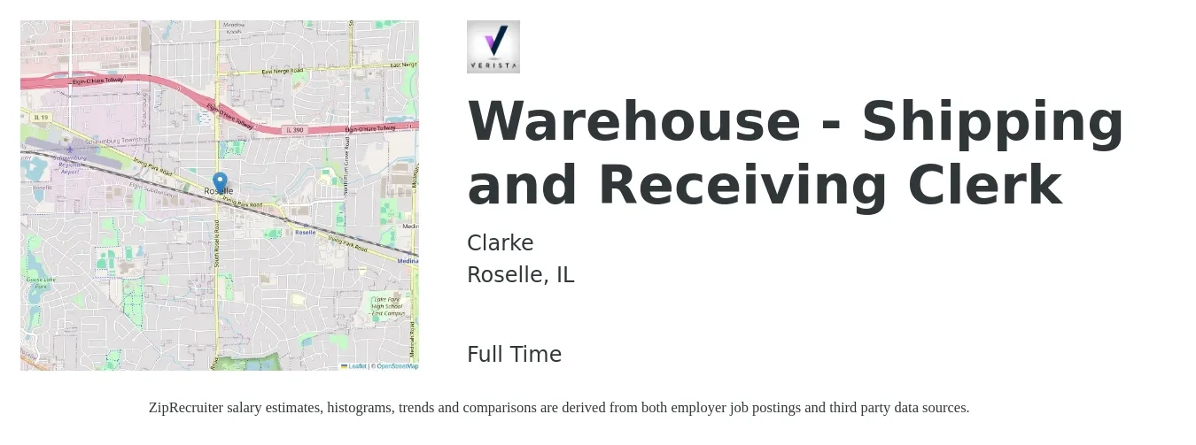Clarke job posting for a Warehouse - Shipping and Receiving Clerk in Roselle, IL with a salary of $17 to $20 Hourly with a map of Roselle location.