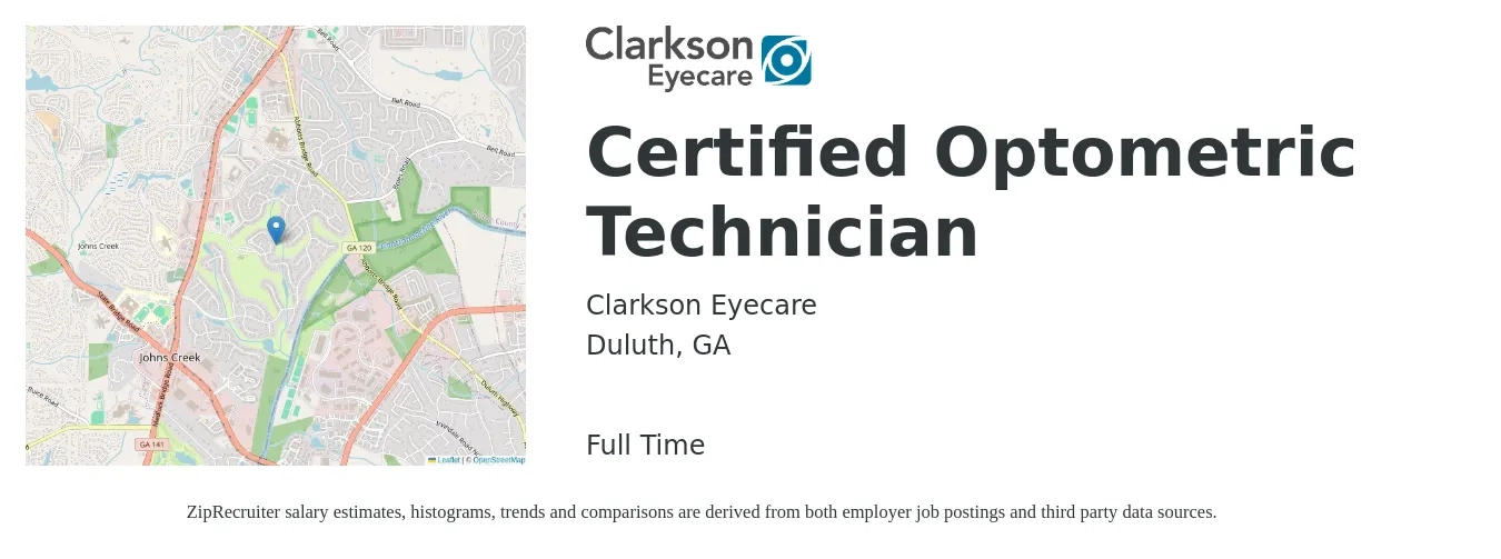 Clarkson Eyecare job posting for a Certified Optometric Technician in Duluth, GA with a salary of $15 to $19 Hourly with a map of Duluth location.
