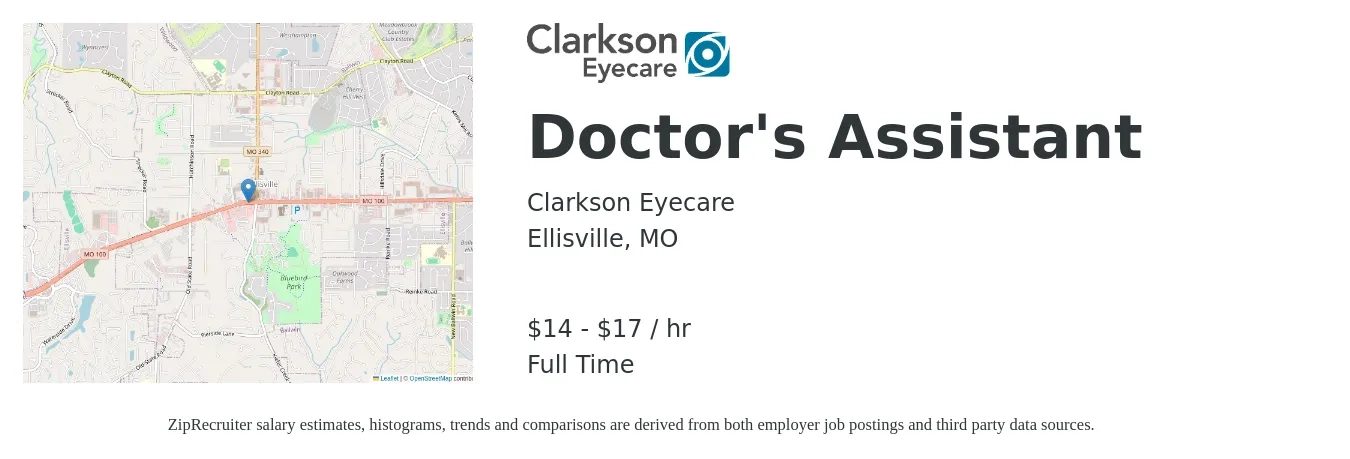 Clarkson Eyecare job posting for a Doctor's Assistant in Ellisville, MO with a salary of $15 to $18 Hourly with a map of Ellisville location.