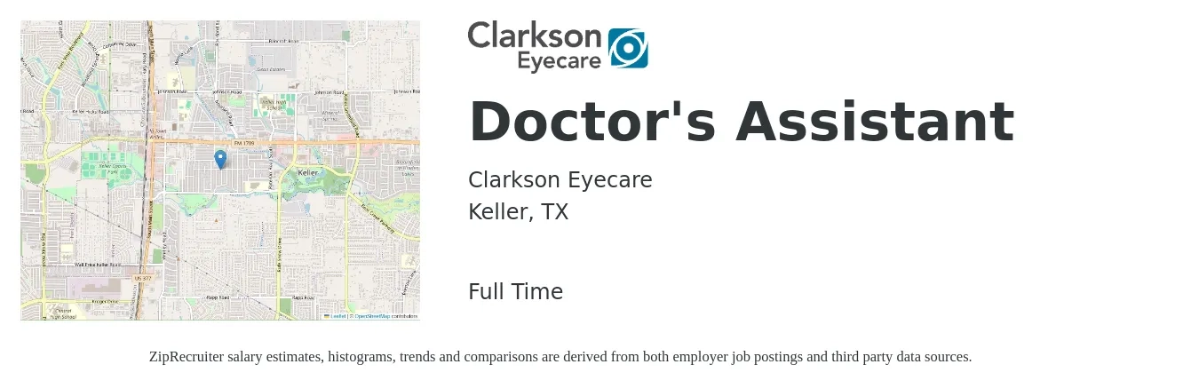 Clarkson Eyecare job posting for a Doctor's Assistant in Keller, TX with a salary of $90,800 to $123,100 Yearly with a map of Keller location.