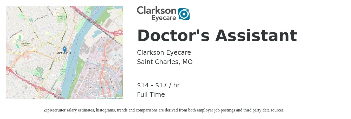 Clarkson Eyecare job posting for a Doctor's Assistant in Saint Charles, MO with a salary of $15 to $18 Hourly with a map of Saint Charles location.