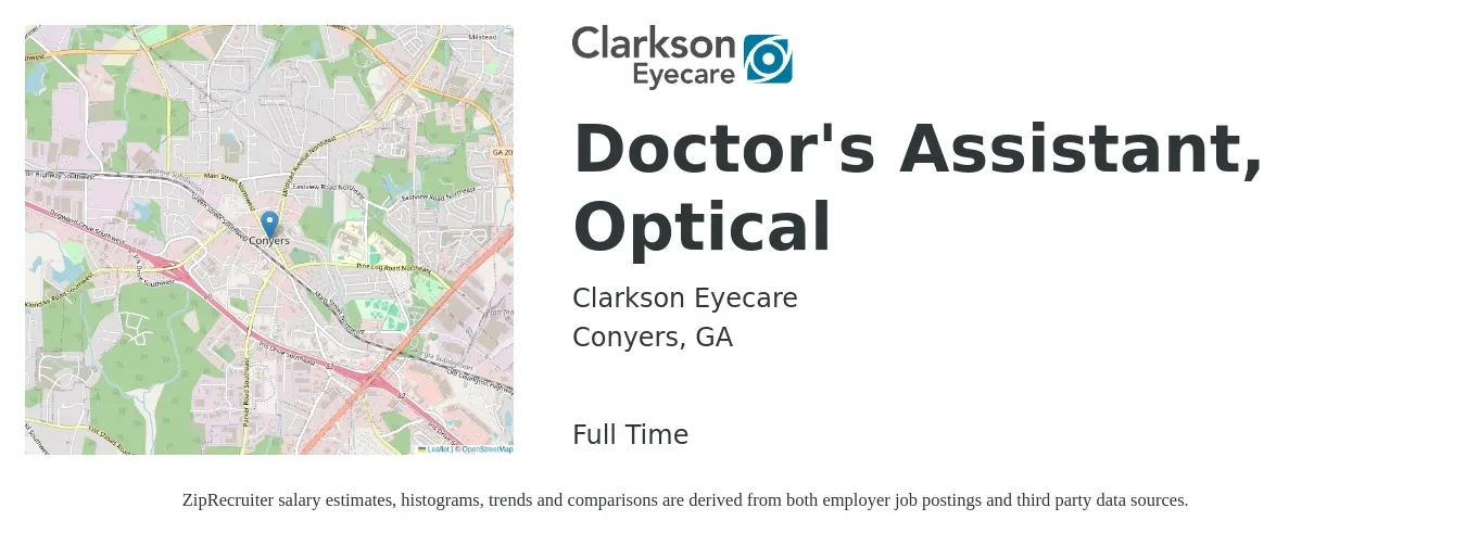 Clarkson Eyecare job posting for a Doctor's Assistant, Optical in Conyers, GA with a salary of $14 to $17 Hourly with a map of Conyers location.