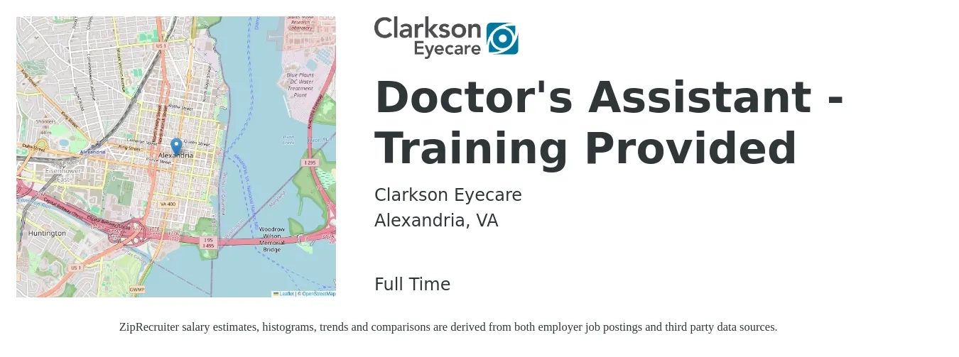 Clarkson Eyecare job posting for a Doctor's Assistant - Training Provided in Alexandria, VA with a map of Alexandria location.