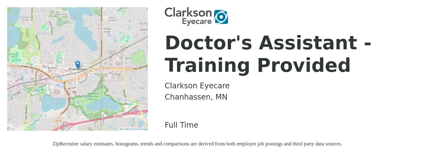 Clarkson Eyecare job posting for a Doctor's Assistant - Training Provided in Chanhassen, MN with a salary of $15 to $20 Hourly with a map of Chanhassen location.