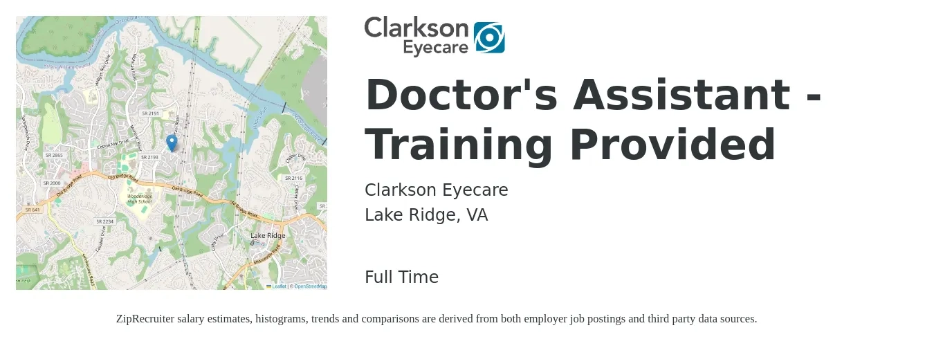 Clarkson Eyecare job posting for a Doctor's Assistant - Training Provided in Lake Ridge, VA with a map of Lake Ridge location.