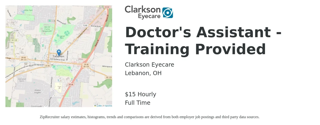 Clarkson Eyecare job posting for a Doctor's Assistant - Training Provided in Lebanon, OH with a salary of $16 Hourly with a map of Lebanon location.