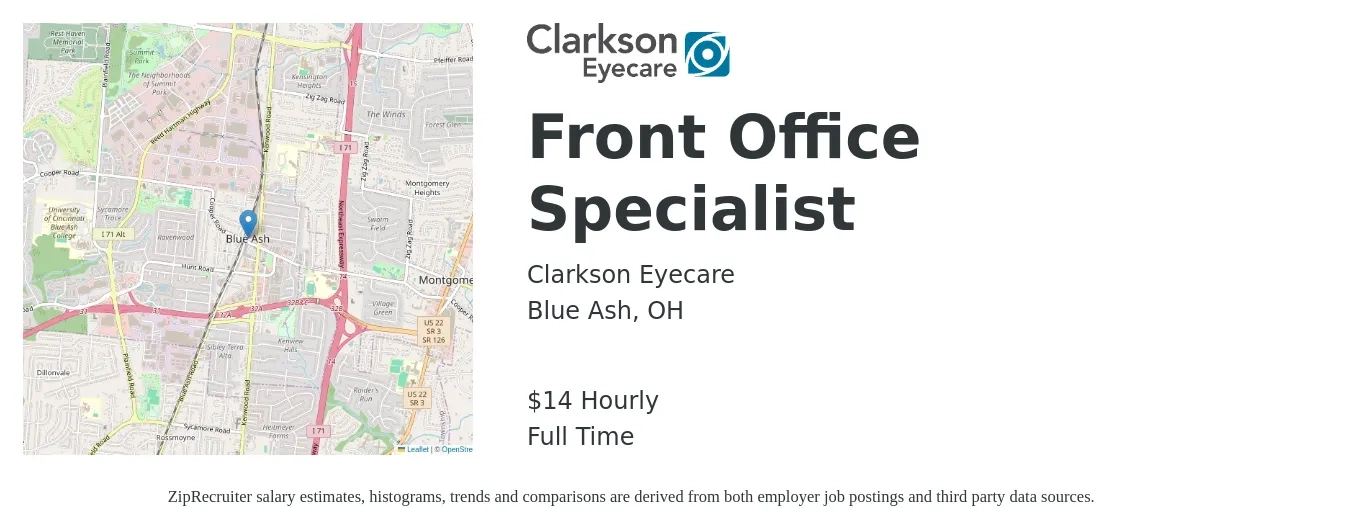 Clarkson Eyecare job posting for a Front Office Specialist in Blue Ash, OH with a salary of $16 Hourly with a map of Blue Ash location.
