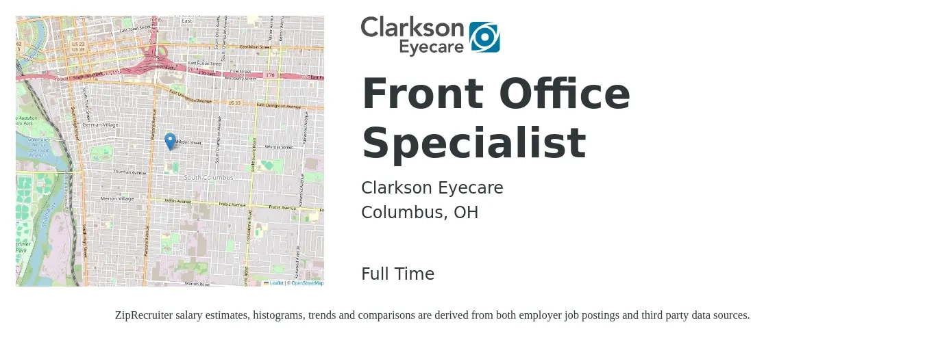 Clarkson Eyecare job posting for a Front Office Specialist in Columbus, OH with a salary of $15 to $18 Hourly with a map of Columbus location.