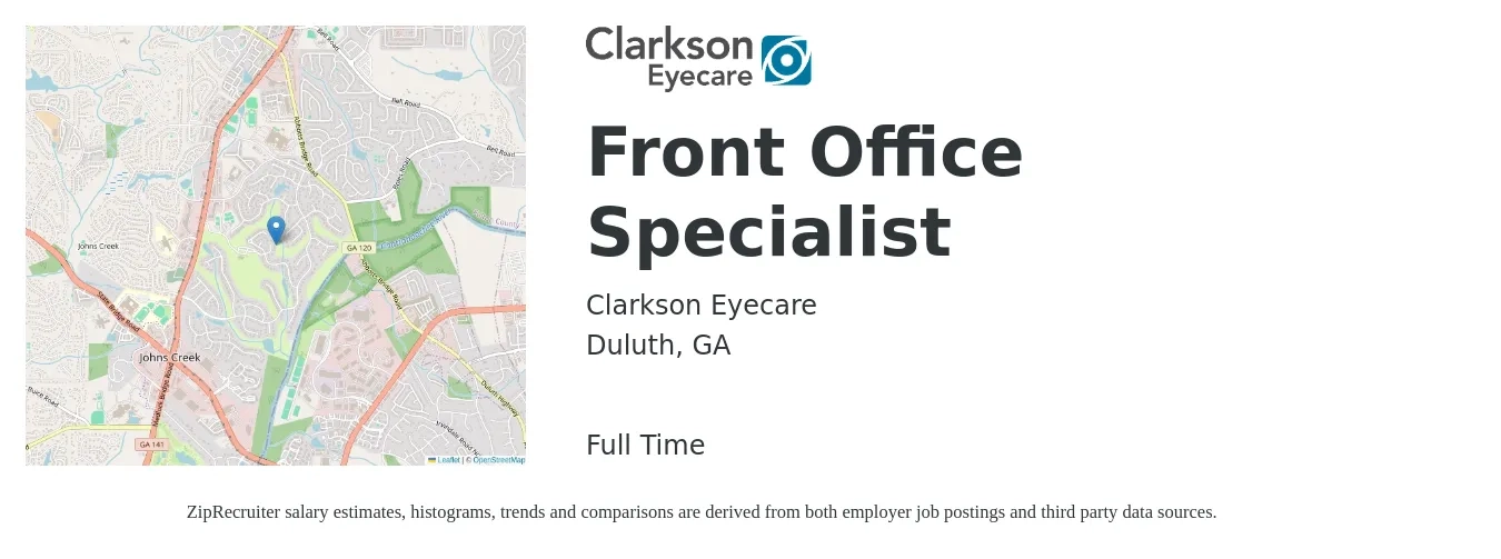 Clarkson Eyecare job posting for a Front Office Specialist in Duluth, GA with a salary of $14 to $18 Hourly with a map of Duluth location.