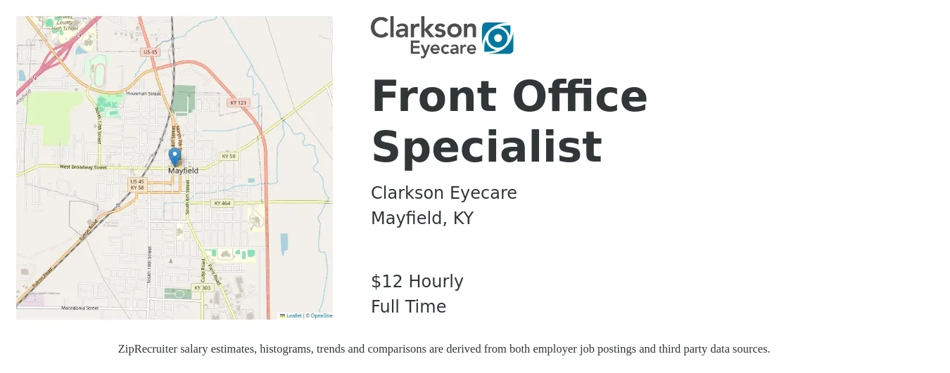 Clarkson Eyecare job posting for a Front Office Specialist in Mayfield, KY with a salary of $13 Hourly with a map of Mayfield location.
