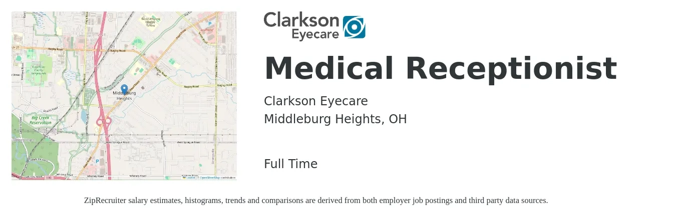 Clarkson Eyecare job posting for a Medical Receptionist in Middleburg Heights, OH with a salary of $16 to $19 Hourly with a map of Middleburg Heights location.