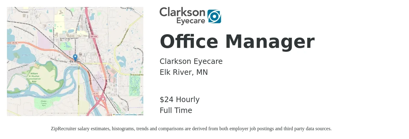 Clarkson Eyecare job posting for a Office Manager in Elk River, MN with a salary of $25 Hourly with a map of Elk River location.