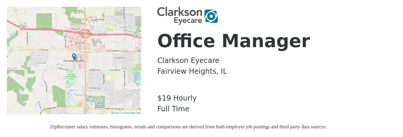 Clarkson Eyecare job posting for a Office Manager in Fairview Heights, IL with a salary of $20 Hourly with a map of Fairview Heights location.