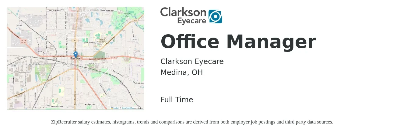 Clarkson Eyecare job posting for a Office Manager in Medina, OH with a salary of $35,600 to $52,500 Yearly with a map of Medina location.