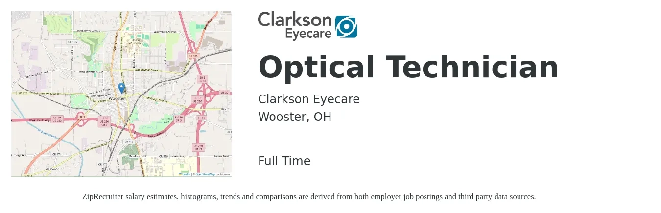 Clarkson Eyecare job posting for a Optical Technician in Wooster, OH with a salary of $15 to $21 Hourly with a map of Wooster location.