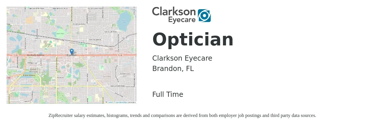 Clarkson Eyecare job posting for a Optician in Brandon, FL with a salary of $15 to $19 Hourly with a map of Brandon location.
