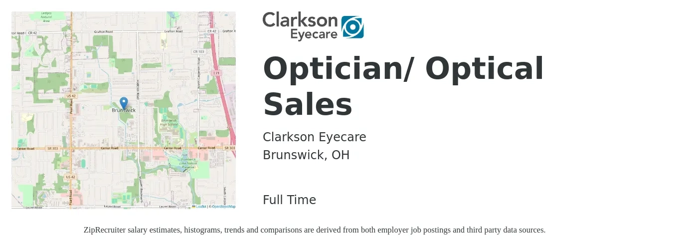 Clarkson Eyecare job posting for a Optician/ Optical Sales in Brunswick, OH with a salary of $15 to $20 Hourly with a map of Brunswick location.