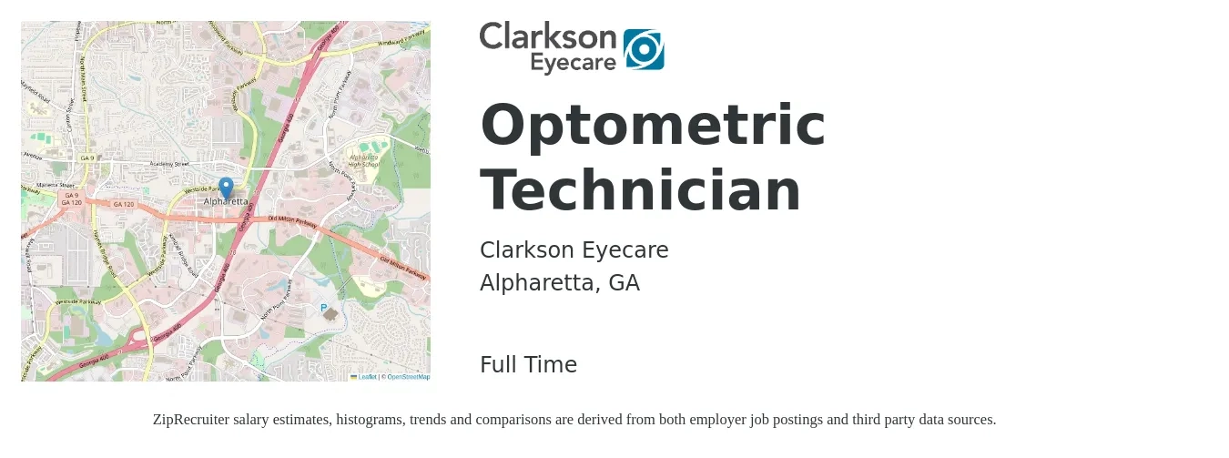 Clarkson Eyecare job posting for a Optometric Technician in Alpharetta, GA with a salary of $16 to $20 Hourly with a map of Alpharetta location.