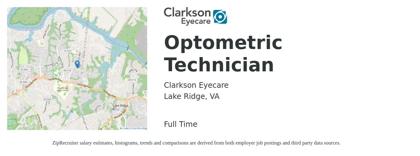 Clarkson Eyecare job posting for a Optometric Technician in Lake Ridge, VA with a salary of $16 to $20 Hourly with a map of Lake Ridge location.