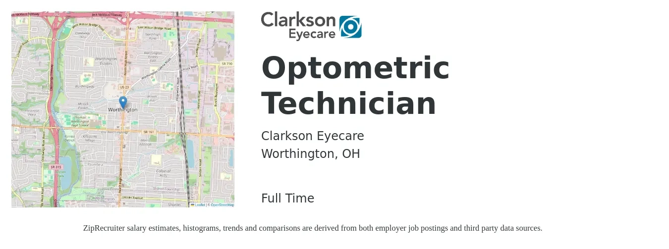 Clarkson Eyecare job posting for a Optometric Technician in Worthington, OH with a salary of $15 to $19 Hourly with a map of Worthington location.