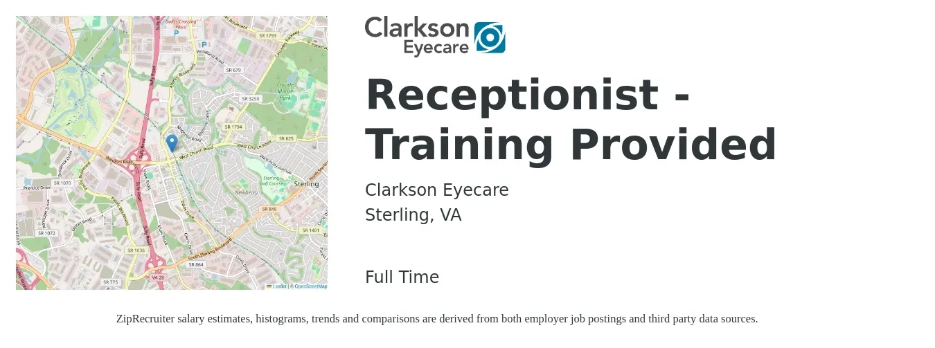 Clarkson Eyecare job posting for a Receptionist - Training Provided in Sterling, VA with a salary of $16 to $20 Hourly with a map of Sterling location.