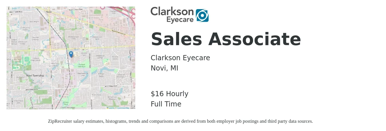 Clarkson Eyecare job posting for a Sales Associate in Novi, MI with a salary of $17 Hourly with a map of Novi location.