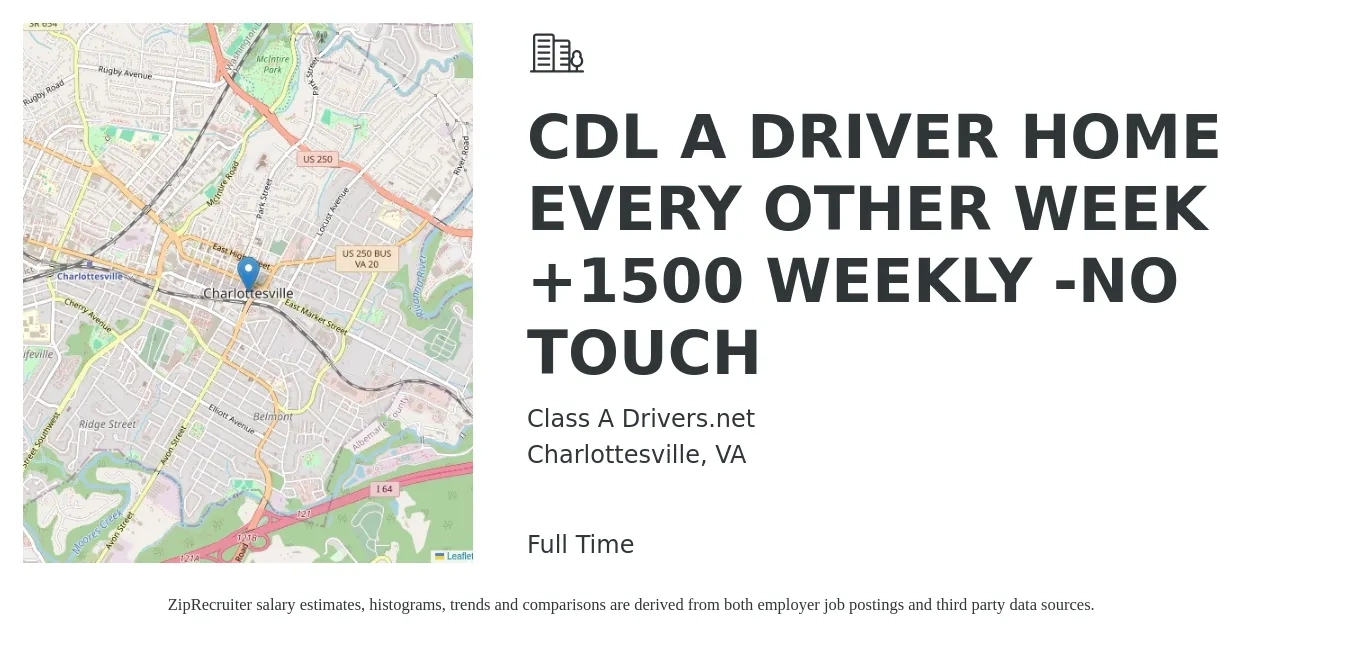 Class A Drivers.net job posting for a CDL A DRIVER HOME EVERY OTHER WEEK +1500 WEEKLY -NO TOUCH in Charlottesville, VA with a salary of $100 Daily with a map of Charlottesville location.