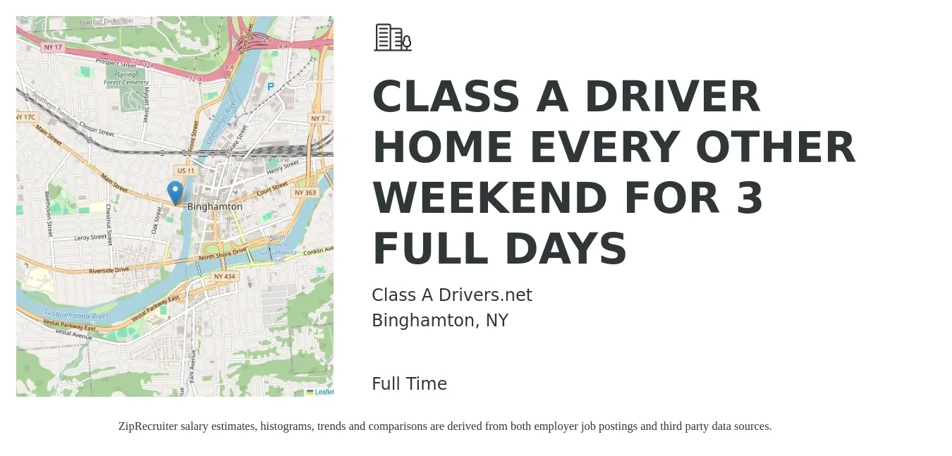 Class A Drivers.net job posting for a CLASS A DRIVER HOME EVERY OTHER WEEKEND FOR 3 FULL DAYS in Binghamton, NY with a salary of $100 Daily with a map of Binghamton location.