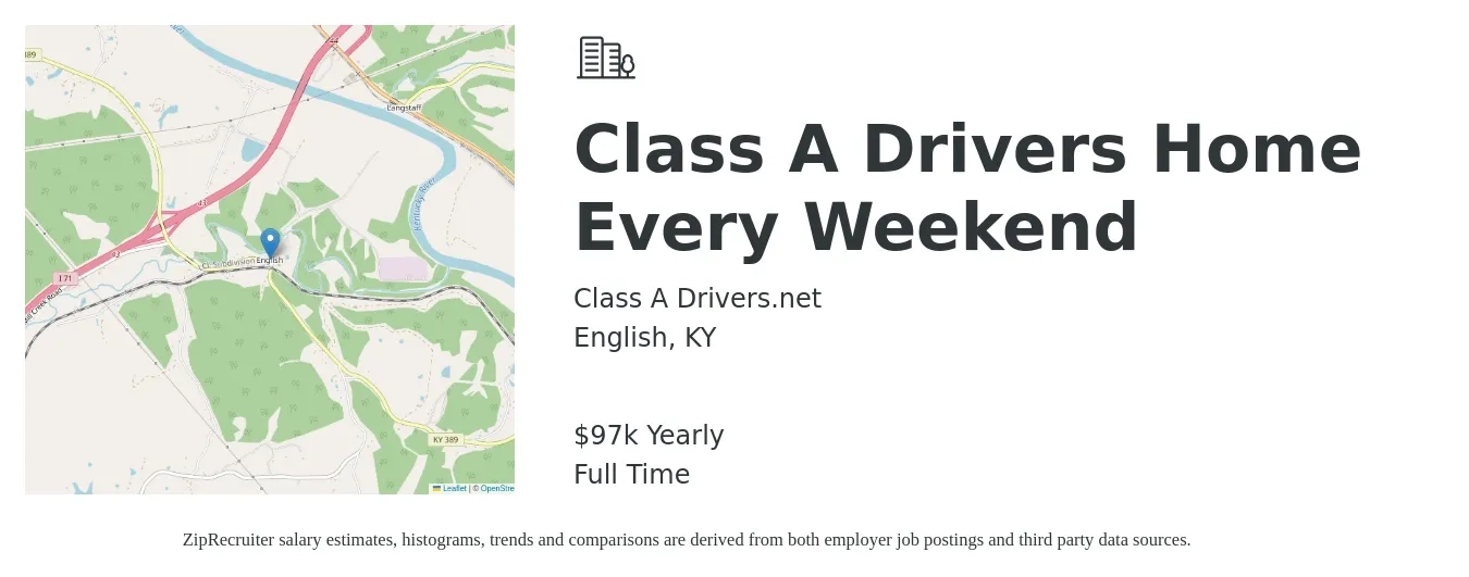 Class A Drivers.net job posting for a Class A Drivers Home Every Weekend in English, KY with a salary of $97,000 Yearly with a map of English location.