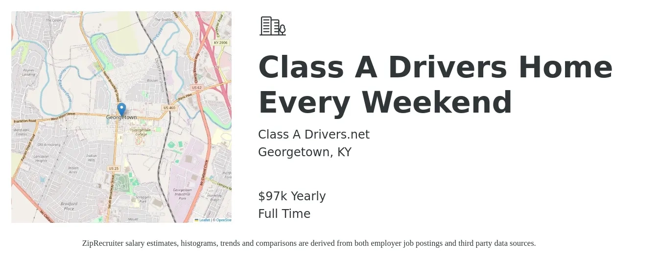 Class A Drivers.net job posting for a Class A Drivers Home Every Weekend in Georgetown, KY with a salary of $97,000 Yearly with a map of Georgetown location.