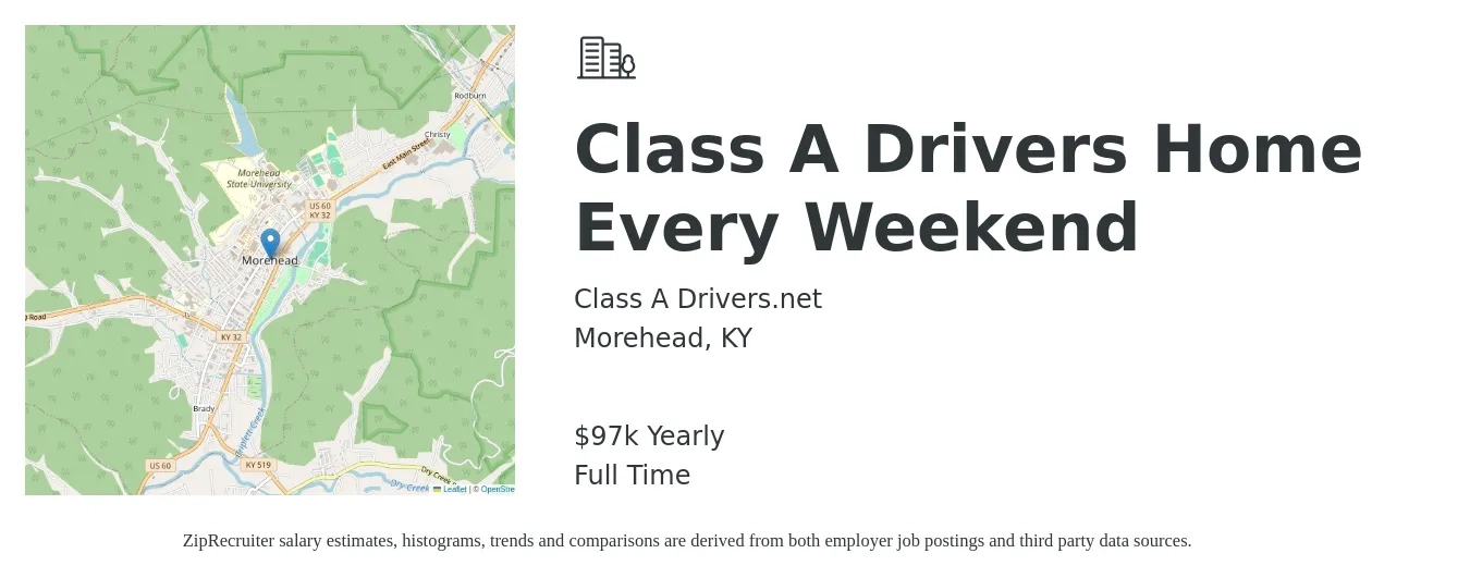 Class A Drivers.net job posting for a Class A Drivers Home Every Weekend in Morehead, KY with a salary of $97,000 Yearly with a map of Morehead location.