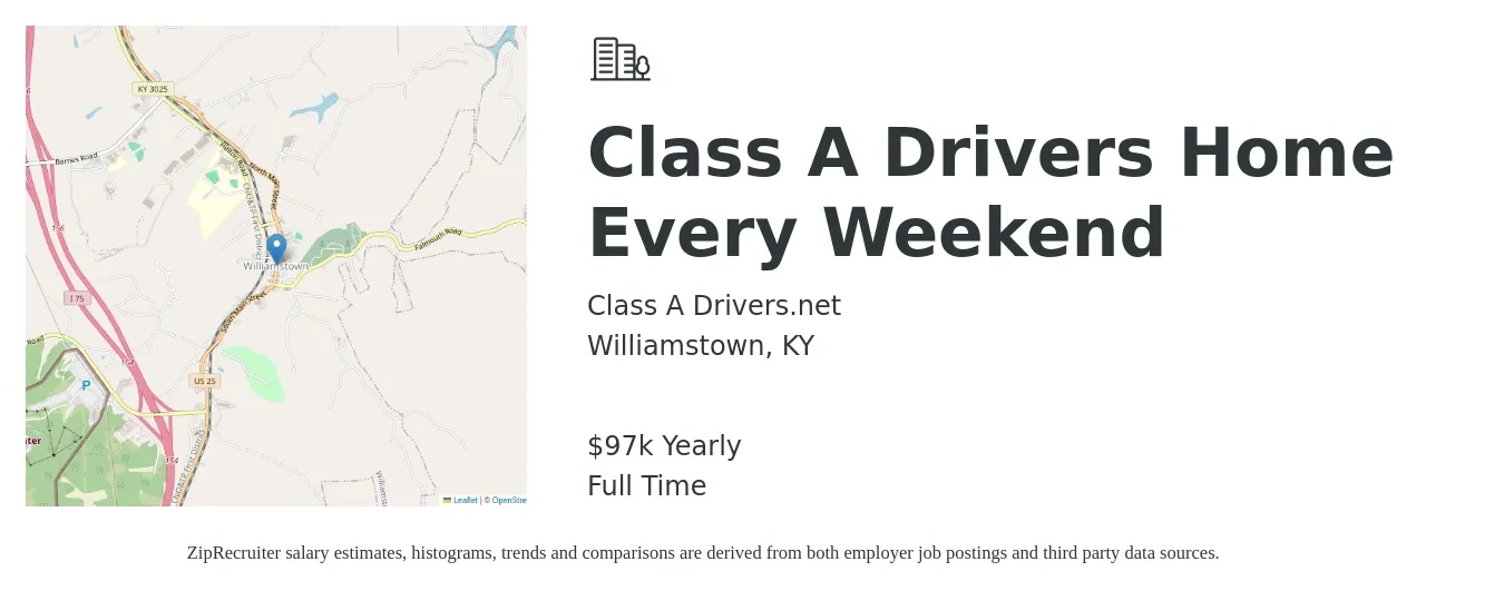 Class A Drivers.net job posting for a Class A Drivers Home Every Weekend in Williamstown, KY with a salary of $97,000 Yearly with a map of Williamstown location.