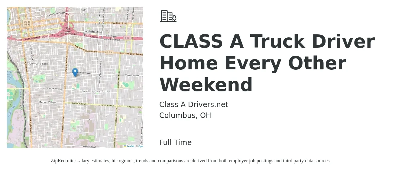Class A Drivers.net job posting for a CLASS A Truck Driver Home Every Other Weekend in Columbus, OH with a salary of $1,400 to $1,800 Weekly with a map of Columbus location.