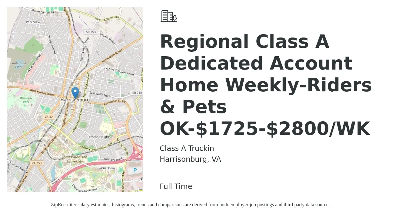 Class A Truckin job posting for a Regional Class A Dedicated Account Home Weekly-Riders & Pets OK-$1725-$2800/WK in Harrisonburg, VA with a salary of $2,800 Weekly with a map of Harrisonburg location.