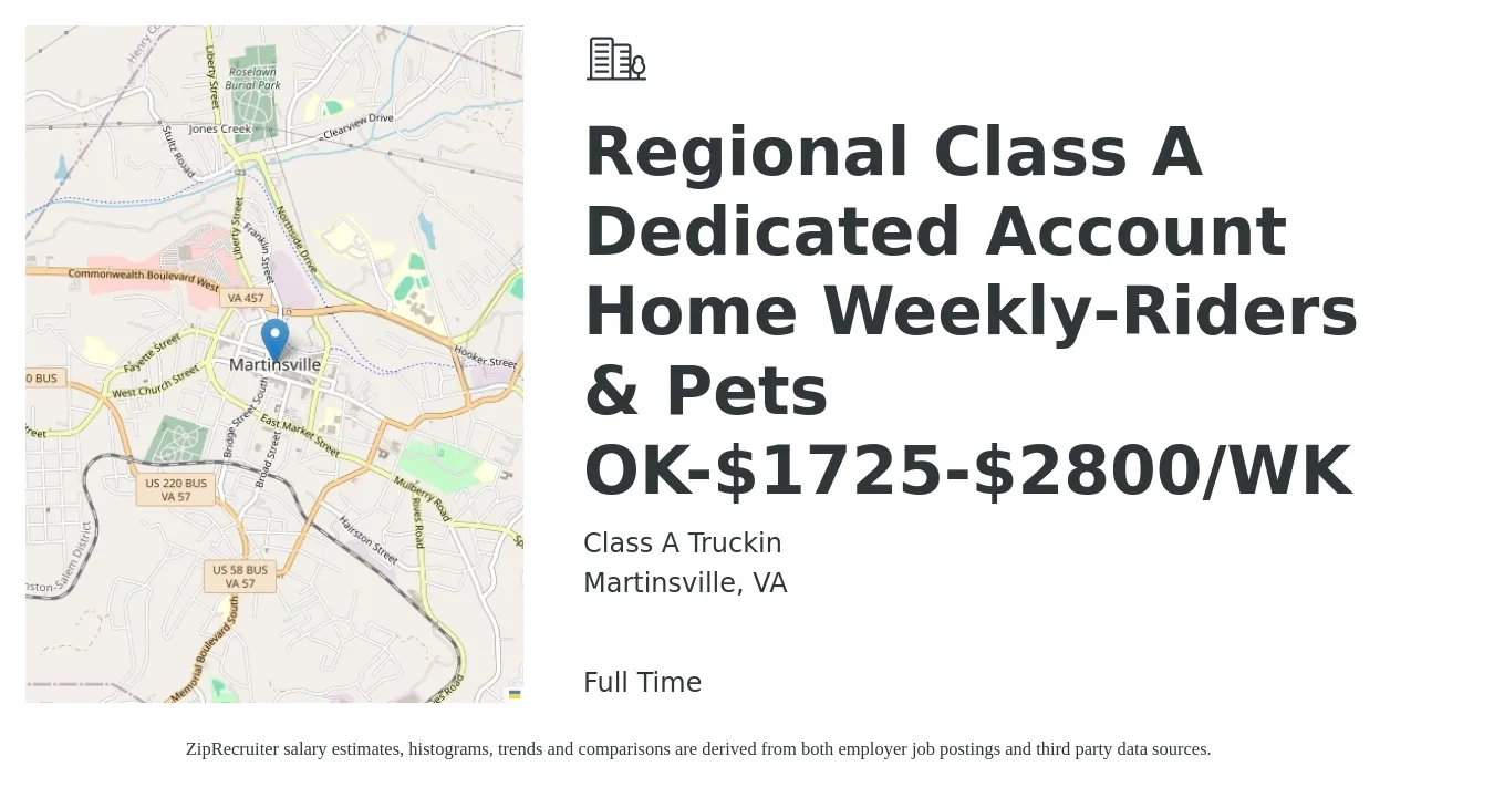 Class A Truckin job posting for a Regional Class A Dedicated Account Home Weekly-Riders & Pets OK-$1725-$2800/WK in Martinsville, VA with a salary of $2,800 Weekly with a map of Martinsville location.